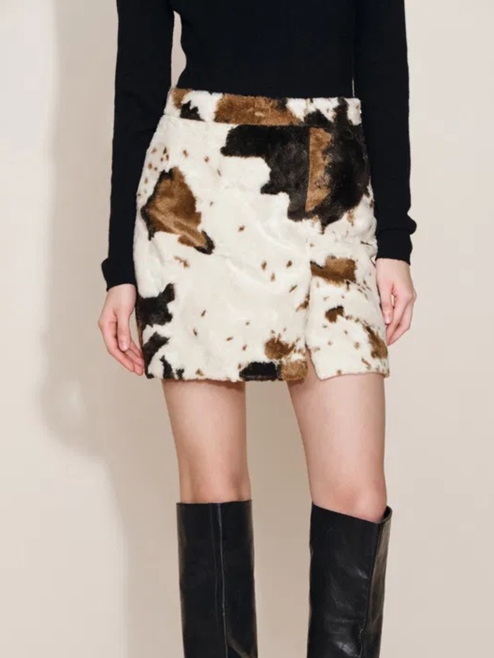 Cow Print Mini Skirt in Faux Horse Fur